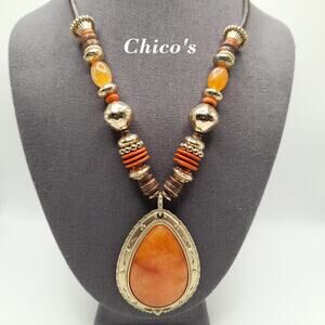 Chico's Beaded Gemstone Pendant Necklace, Leather Cord, 21 1/2"